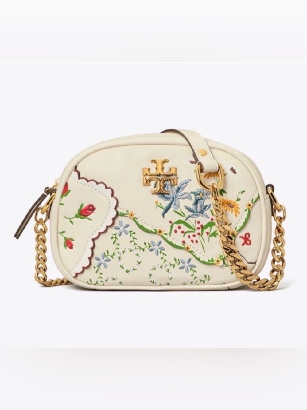 Tory Burch Kira afternoon tea Cream Floral Embroidered Crossbody with Gold Chain